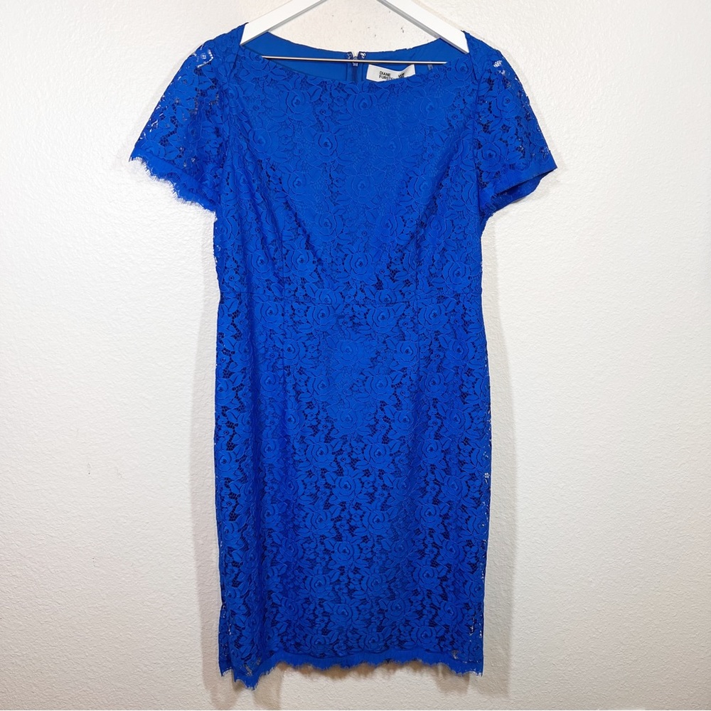 Diane Von Furstenberg Ainsley cap sleeve lace sheath dress bright blue
